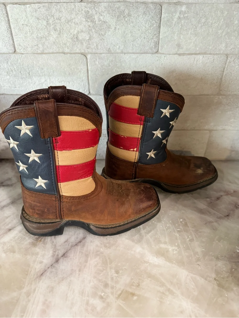 Durango Kids Brown Cowboy Boots with Red, White, and Blue Flag Shaft